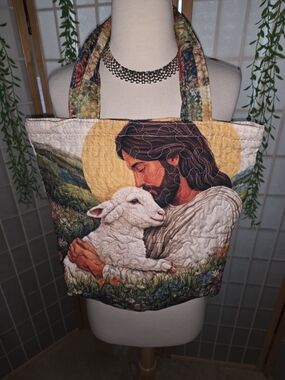 Quilted Jesus & Lamb Tote Bag in Multi-Color